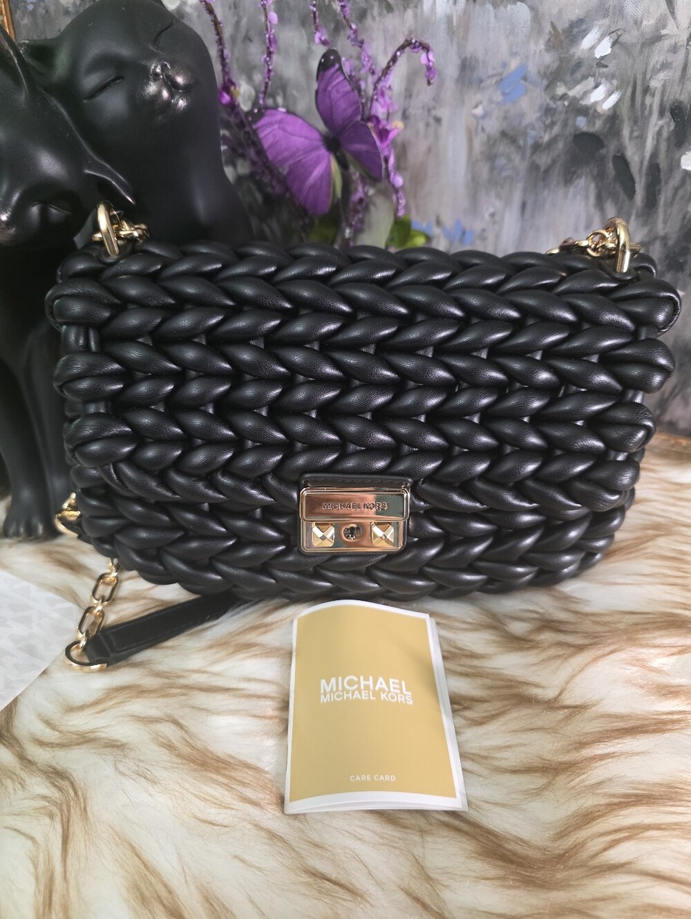 Auth NWT Michael Kors Black Braided Leather Shoulder Bag with Gold Chain - Picture 9 of 11